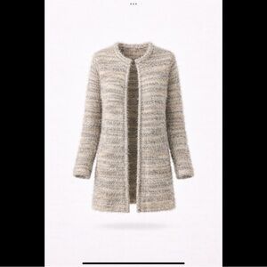 Calvin Klein Eyelash Knit Open Cardigan Faux Suede Trim Neutral Sweater
